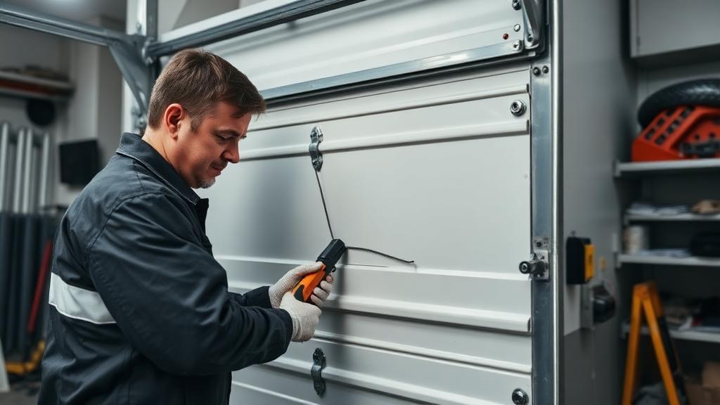 Technician repairing garage door panel with professional tools
