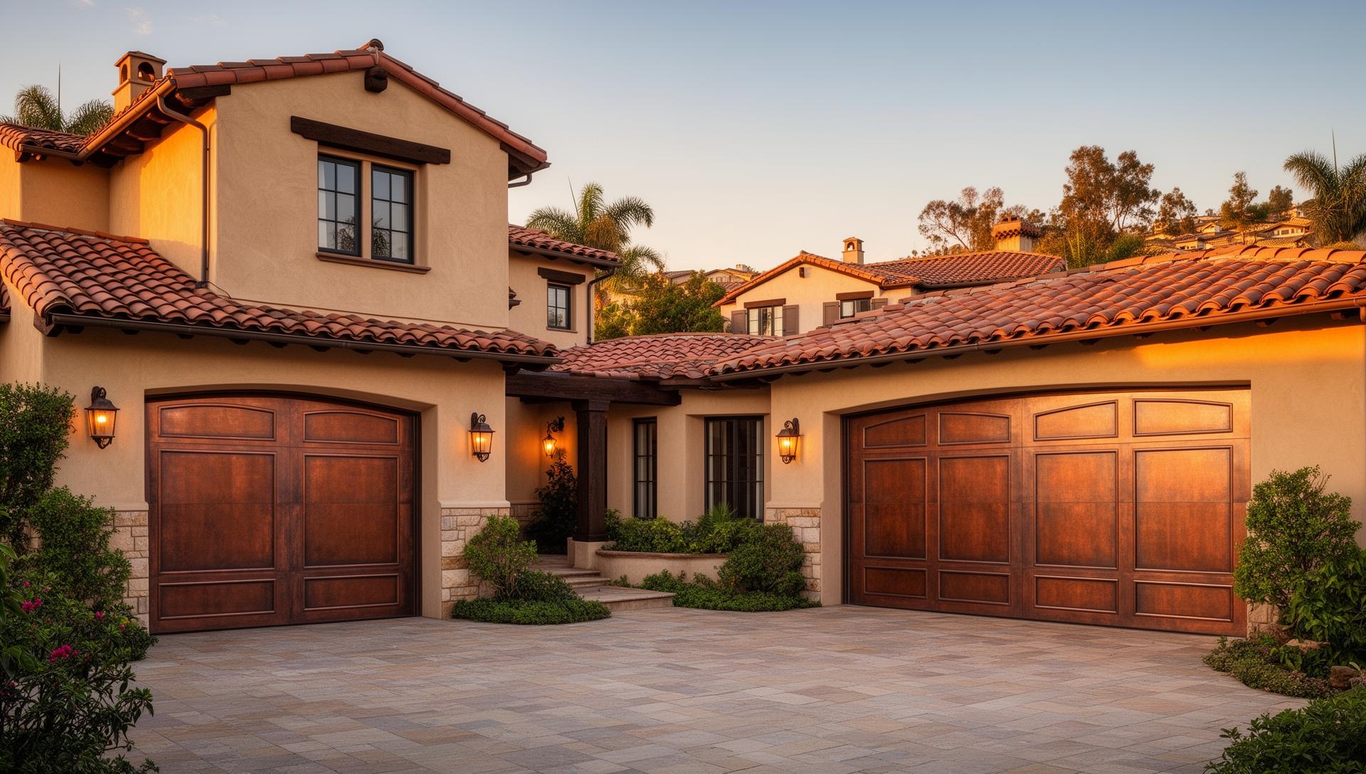 Luxury custom copper-clad garage doors on California Spanish revival home - Webster Garage Doors