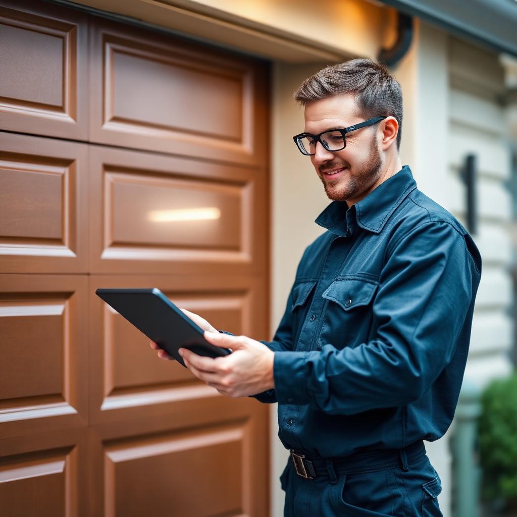 Webster Garage Doors professional technician performing digital inspection with tablet